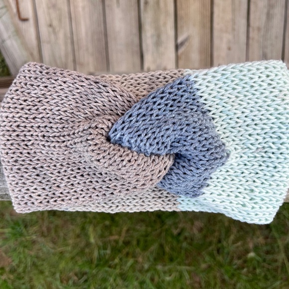 Hand Crafted Accessories - Blue, Brown & Green Cotton Blend Knit Twisted Ear Warmer